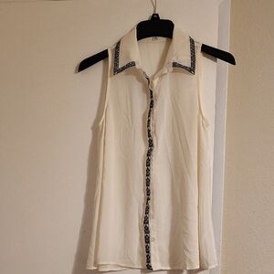 Sleeveless Cream Button-Front Blouse with Embroidered Trim